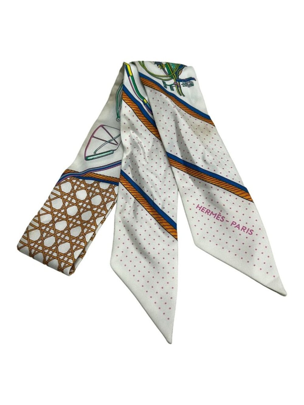 Hermes Scarf Twilly White Orange Multi Ribbon